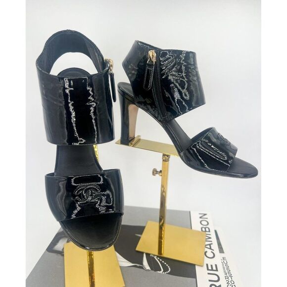 CHANEL Black Patent Leather CC Logo Open Toe Ankle Strap Sandals Size EU… - Picture 2 of 13